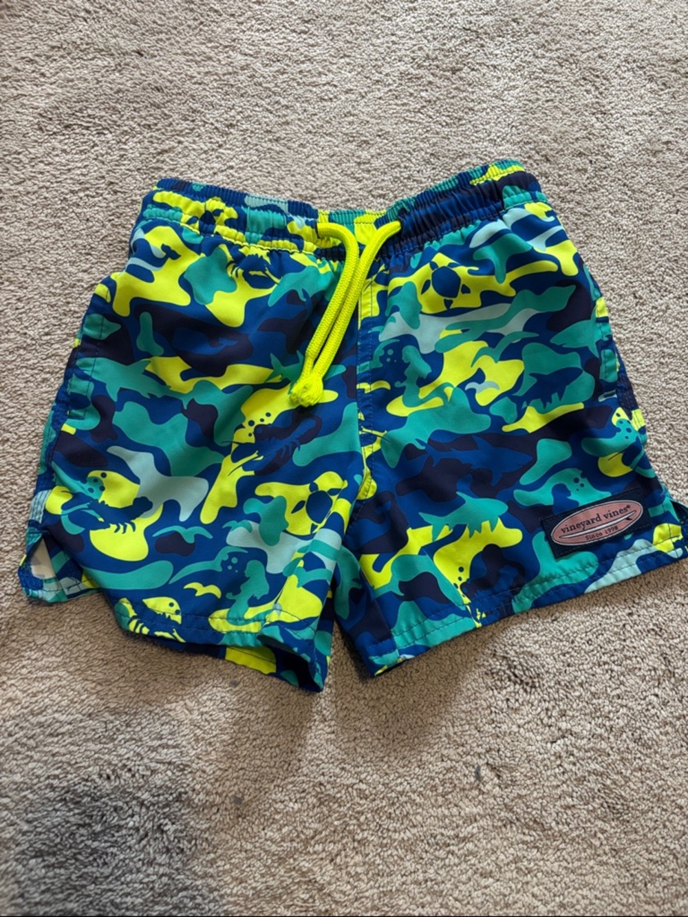 Vineyard Vines Neon Yellow & Blue Camo Kids Swim Shorts